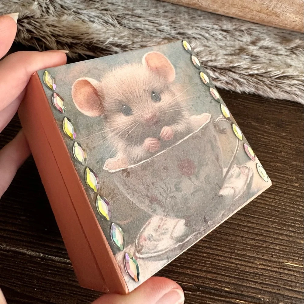 Hand crafted Mouse in Teacup Decorative wooden trinket box